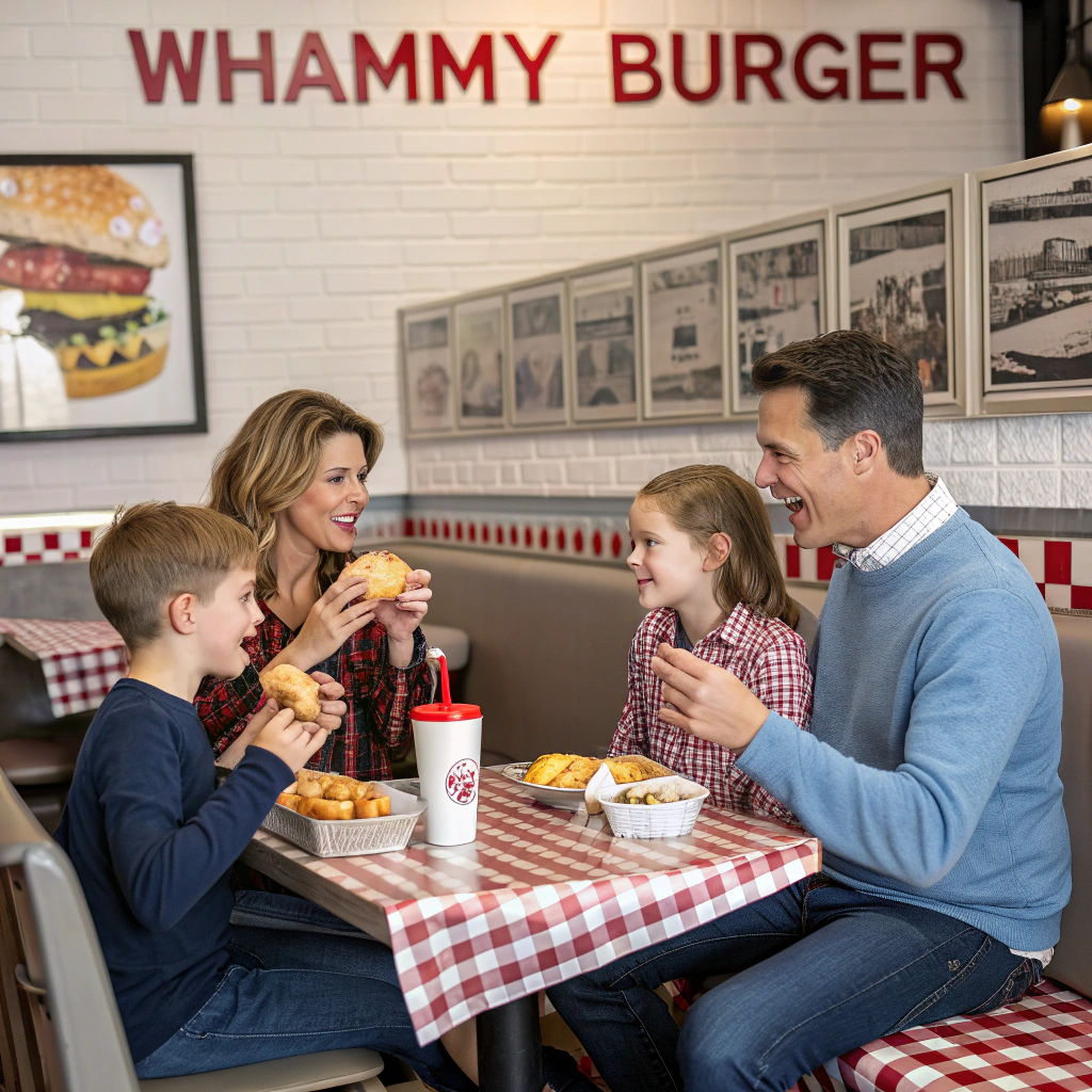 AI generated image by Red Panda AI: Image of a family eating hamburgers at a restaurant called "Whammy Burger". Photorealistic.