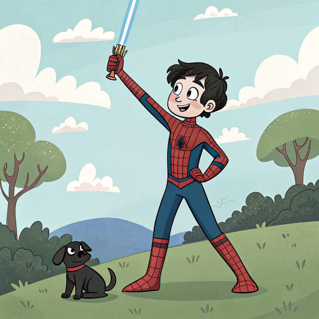 AI generated image by Red Panda AI: quiero a un chico de 14 años, de piel blanca,pelo negro que este disfrazado de spiderman que en su mano derecha tenga alzado un trofeo y que en su otra mano una espada laser, y que a la par de el este una perrita negra chiquita y que de fondo haya un paisaje de pasto, arboles, cielo y nubes y que toda la imagen este animada