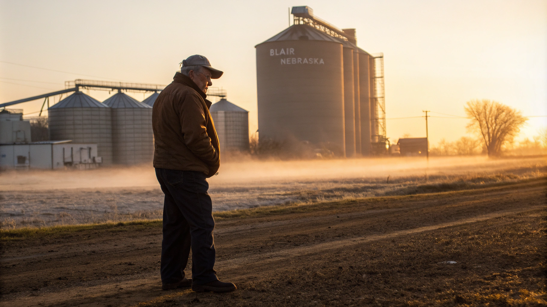 AI generated image by Red Panda AI: A weathered Nebraska farmer stands contemplatively against massive grain silos at dawn, soft golden morning light casting long shadows, President Trump giving a speech in front of a "Blair Nebraska" grain elevator in background, mist rising, photojournalistic style, depth of field, Canon 5D, 50mm lens, dramatic lighting, rural America, award winning Reuters photo --ar 16:9 --style photographic