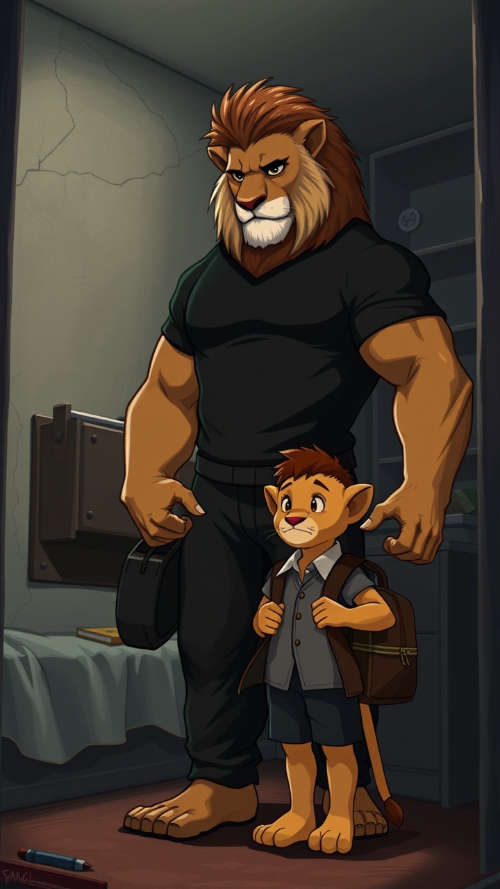 AI generated image by FLUX.1-schnell: "A muscular anthropomorphic lion father with human-like arms and legs, wearing a black t-shirt and pants, is helping his young lion son get ready for school. The small lion boy, with human-like hands and feet, is dressed in a neat school uniform and carrying a small backpack. The father adjusts the boy’s clothes with a caring expression. The room in the background is dark and modest, with dim lighting, cracked walls, and minimal furnishings, creating a quiet and heartfelt moment of preparation."