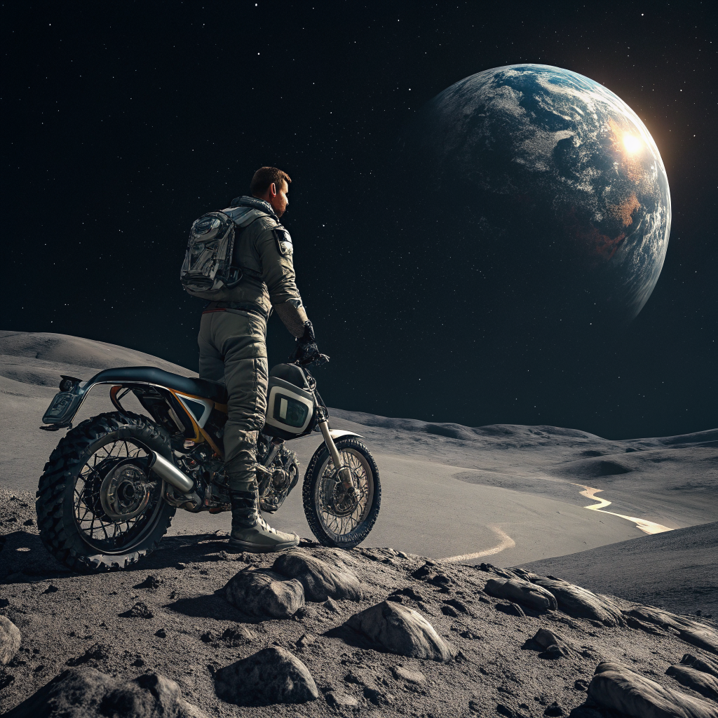 AI generated image by Red Panda AI: Hombre sobre una moto desde lqa luna. De fondo la tierra