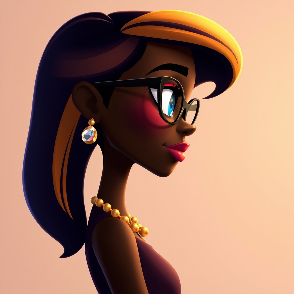 AI generated image by FLUX.1-schnell: Crea un poster de pelicula estilo Disney Pixar divertido y amigable en 4k de un mujer negra, gordita,a perfil de cuerpo completo con pelo trenzado amarillo y negro, gafas negras finas con cristales naranja suave , ojos azules, cadena con...