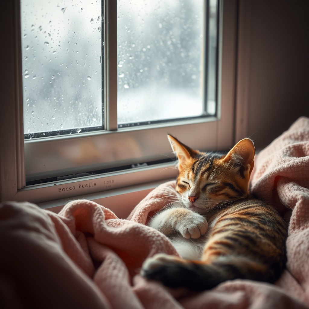 AI generated image by FLUX.1-schnell: Un gatito durmiendo en su cama calientito, cerca de una ventana. Afuera se ve que hace frío y esta lloviendo. Imagen hiper realista de fotografía, iluminación suave