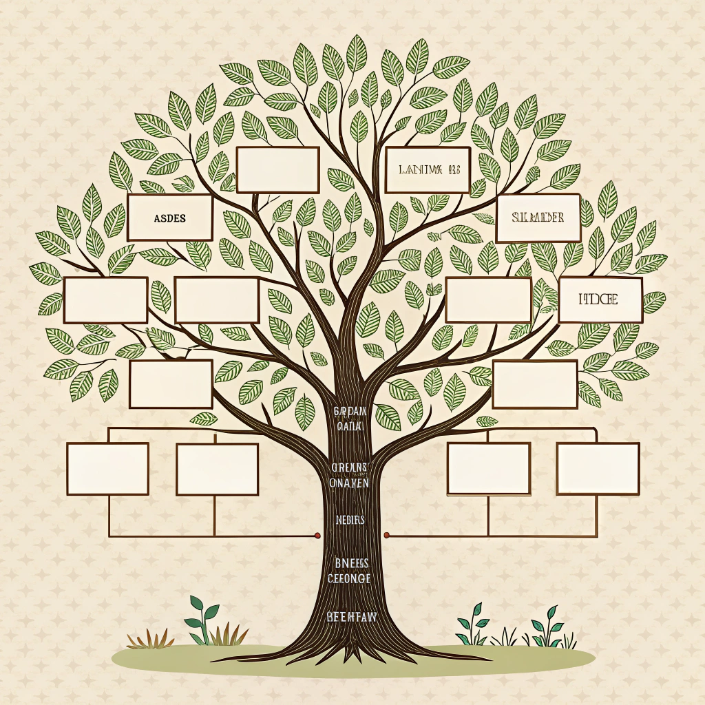 AI generated image by Red Panda AI: Un árbol genealógico que presente espacios vacíos en donde colocar los nombres de los miembros de la familia, debe incluir padres abuelos, primos, tíos,etc,.