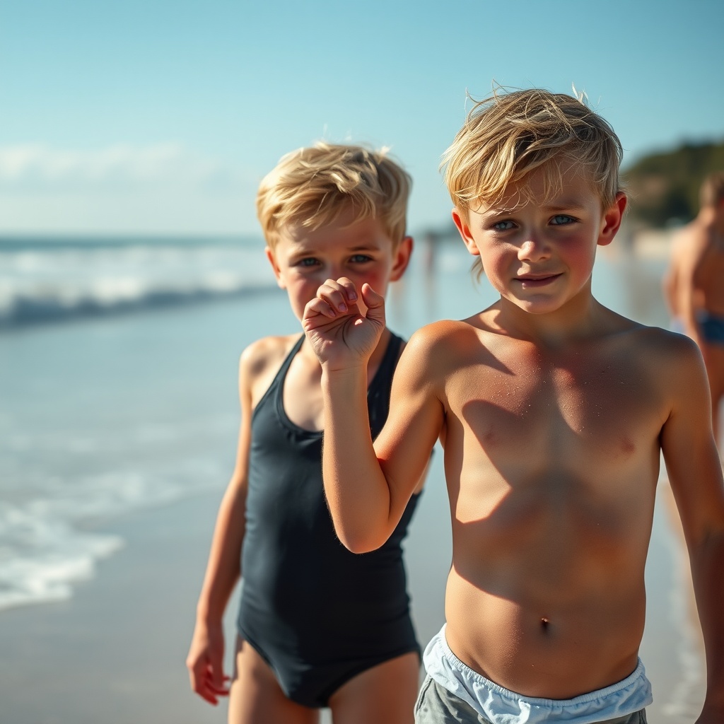AI generated image by FLUX.1-schnell: deux garçons blond aux yeux bleu de huit ans en maillot de bain se tenant la main sur la plage