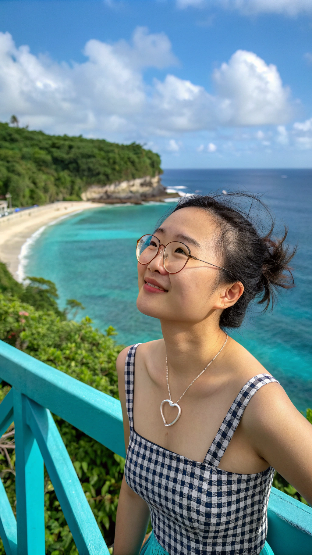 AI generated image by Red Panda AI: Casual outdoor Portrait, Front Angle, Eye-level Shot A young Asian woman enjoying a sunny day by the ocean, standing confidently with a soft smile and open eyes. She no wear clothes. Her casual hairstyle is held by a checkered scrunchie, complementing her relaxed look. She has round glasses and a delicate heart-shaped pendant necklace, enhancing her gentle and serene expression. The turquoise-colored railing in the foreground contrasts with the deep blue ocean and lush greenery in the background, creating a vibrant and peaceful beachside atmosphere.