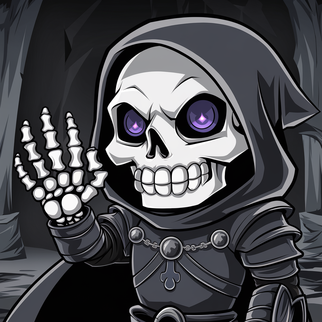 AI generated image by ideogram 2.0: Чиби, скелет в черной броне с капюшоном и фиолетовыми глазами машет рукой