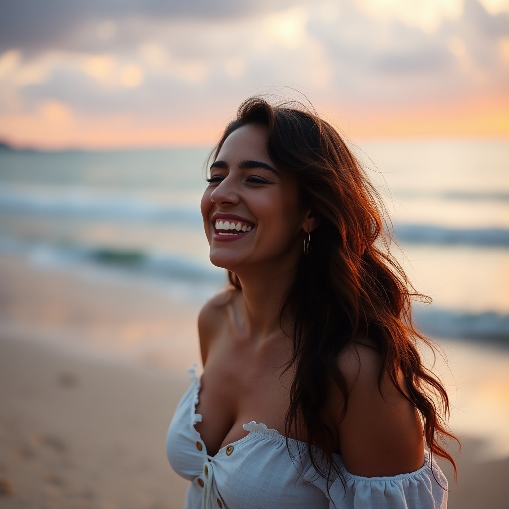 AI generated image by FLUX.1-schnell: Jennifer Connelly on a beach, golden hour, cozy mood, cheering up and laughing