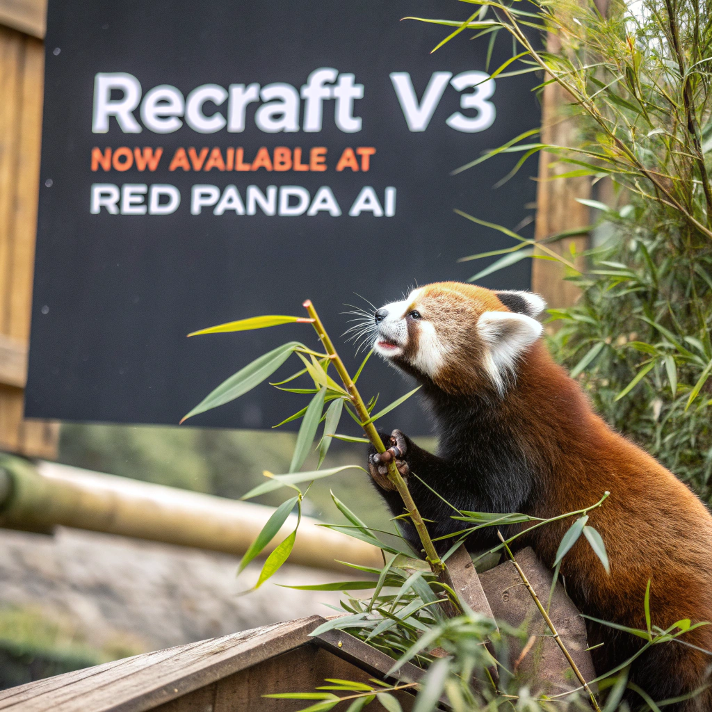 AI generated image by Red Panda AI: a red panda eating a bamboo in front of a poster that says "recraft V3 now available at red panda ai