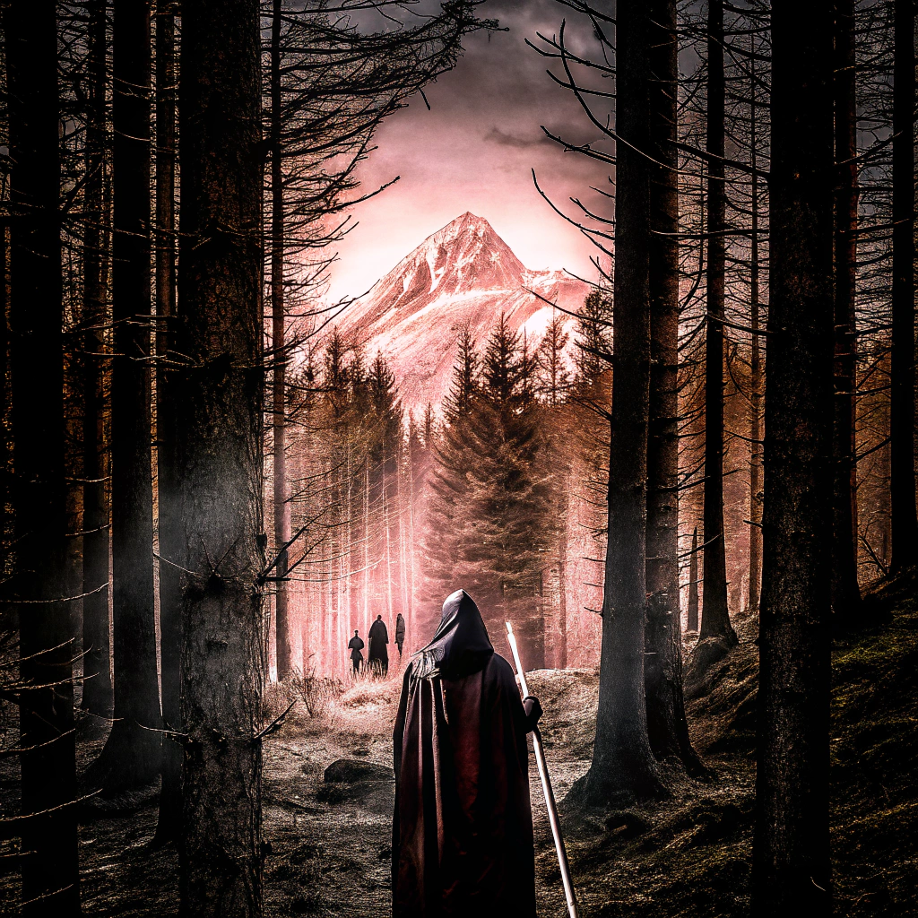 AI generated image by Red Panda AI: Make a dark fantasy book or heavy metal album cover of a dark wizard holding his staff with animal around in a Middle of a dark forest with demons hidden and in the background a massive dark Mountain with a bad feel