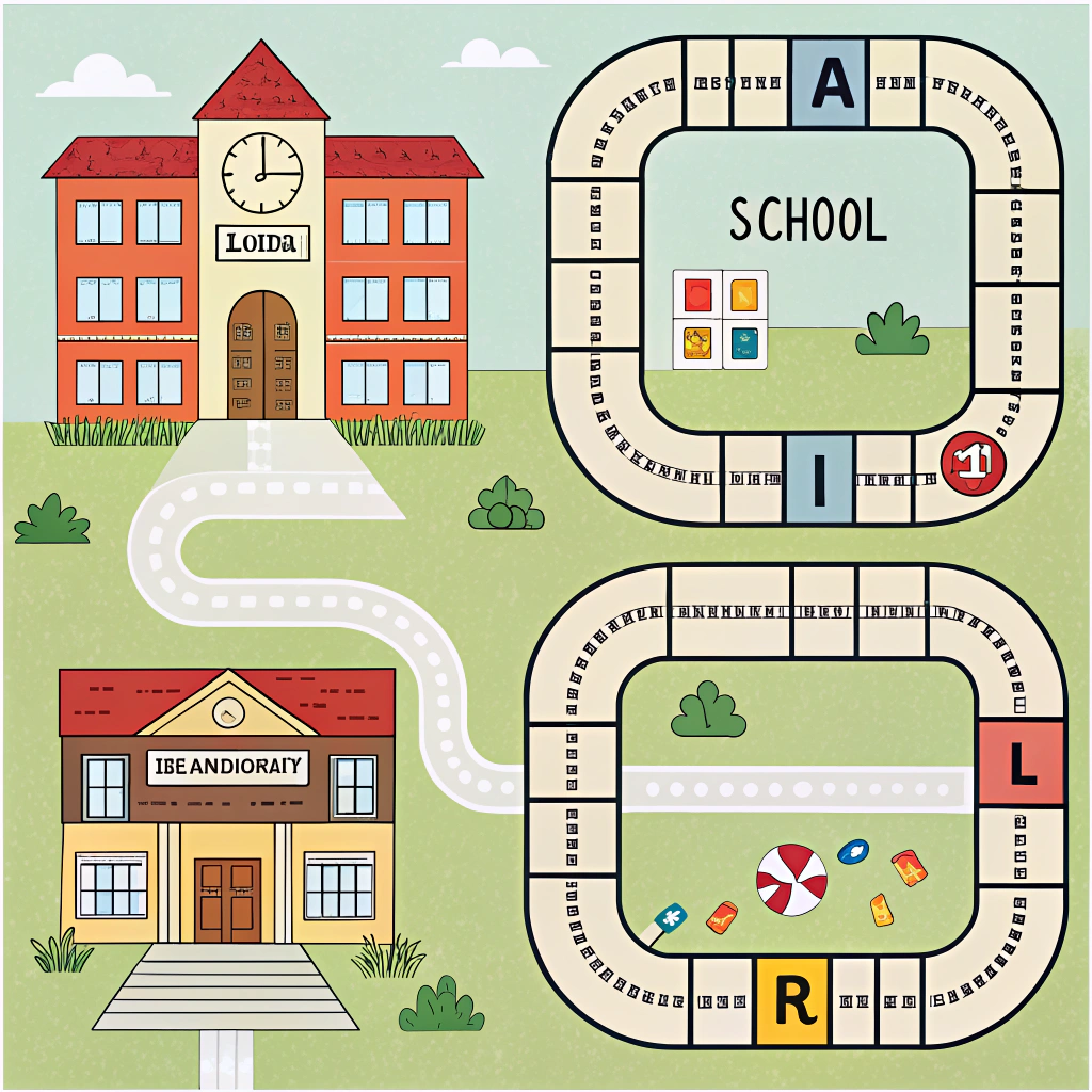 AI generated image by Red Panda AI: La imagen se compone de un mapa, el cual tiene un recorrido en especifico. Si nos situamos a la izquierda podemos observar la entrada del recorrido, si seguimos recto encontramos la escuela, a su lado hay una tienda. Si pasamos la escuela, en frente de esta encontramos una cafeteria a la izquierda y una biblioteca a la derecha. La imagen debe tener un estilo basado en juegos de mesa como si fuera un monopoli o el juego de escaleras y serpientes