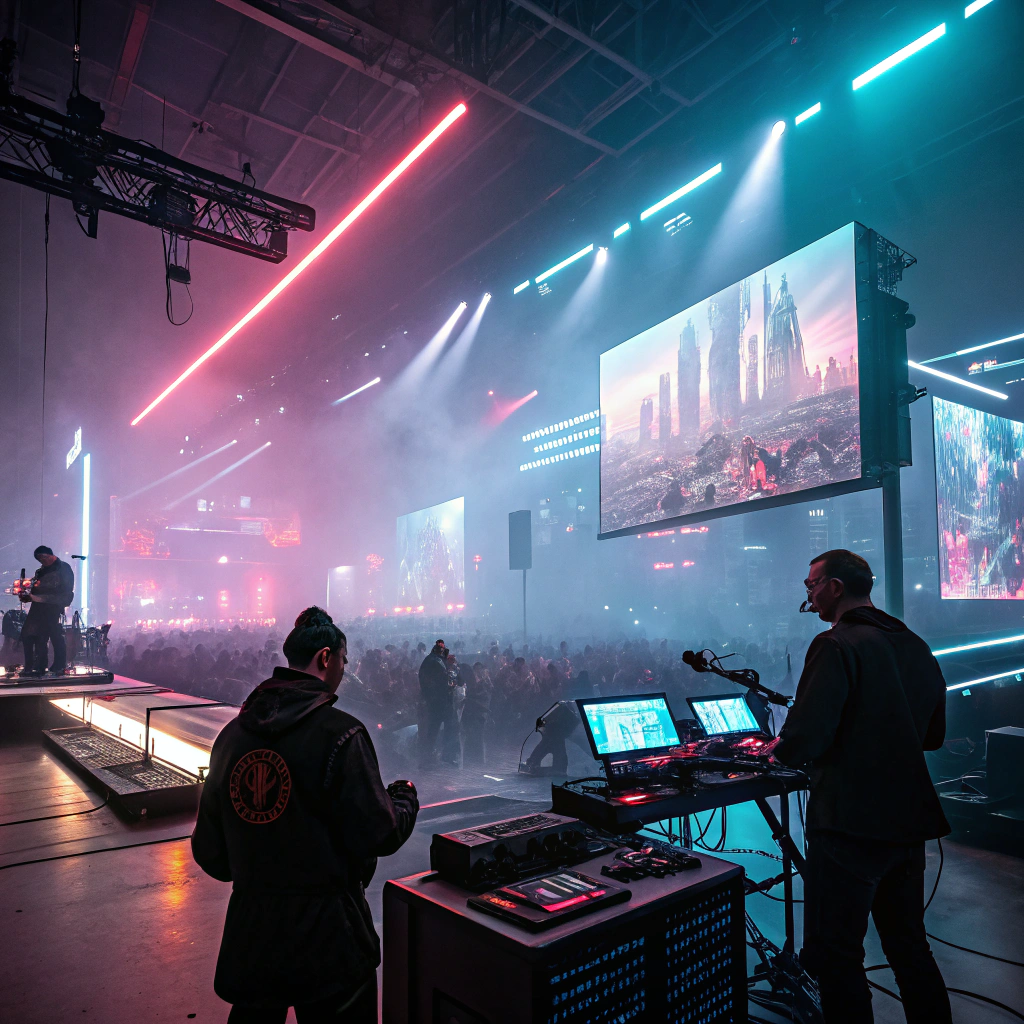 AI generated image by Red Panda AI: Scène de concert, battle musicale, genre cyberpunk, foule animée, projecteurs, lumières néon, fumées, techniciens sur scène, écrans géants