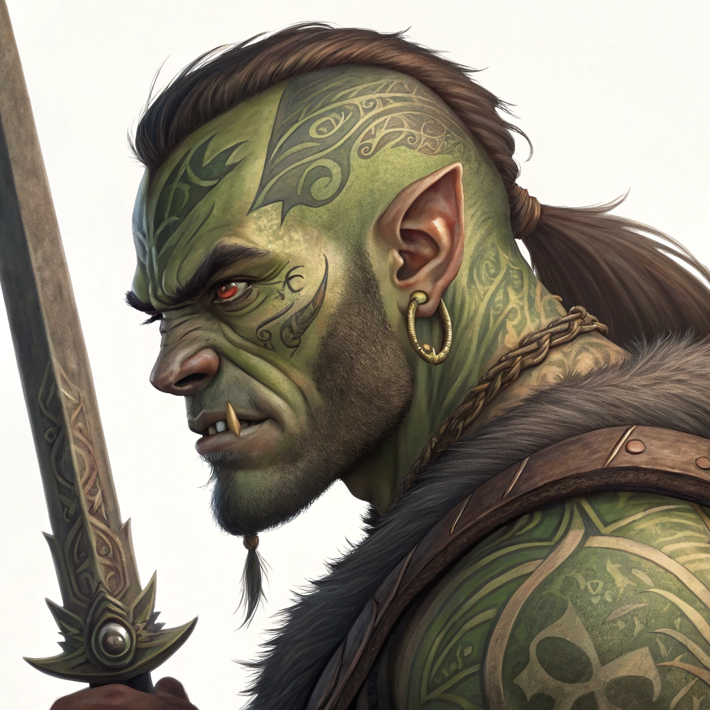 AI generated image by Red Panda AI: Close up portrait of a handsome and athletic orc with greenish skin with tattoos on his face and skull. He has piercings on his nose and one ear. He is holding a gigantic sword. Style of a fantasy digital art.