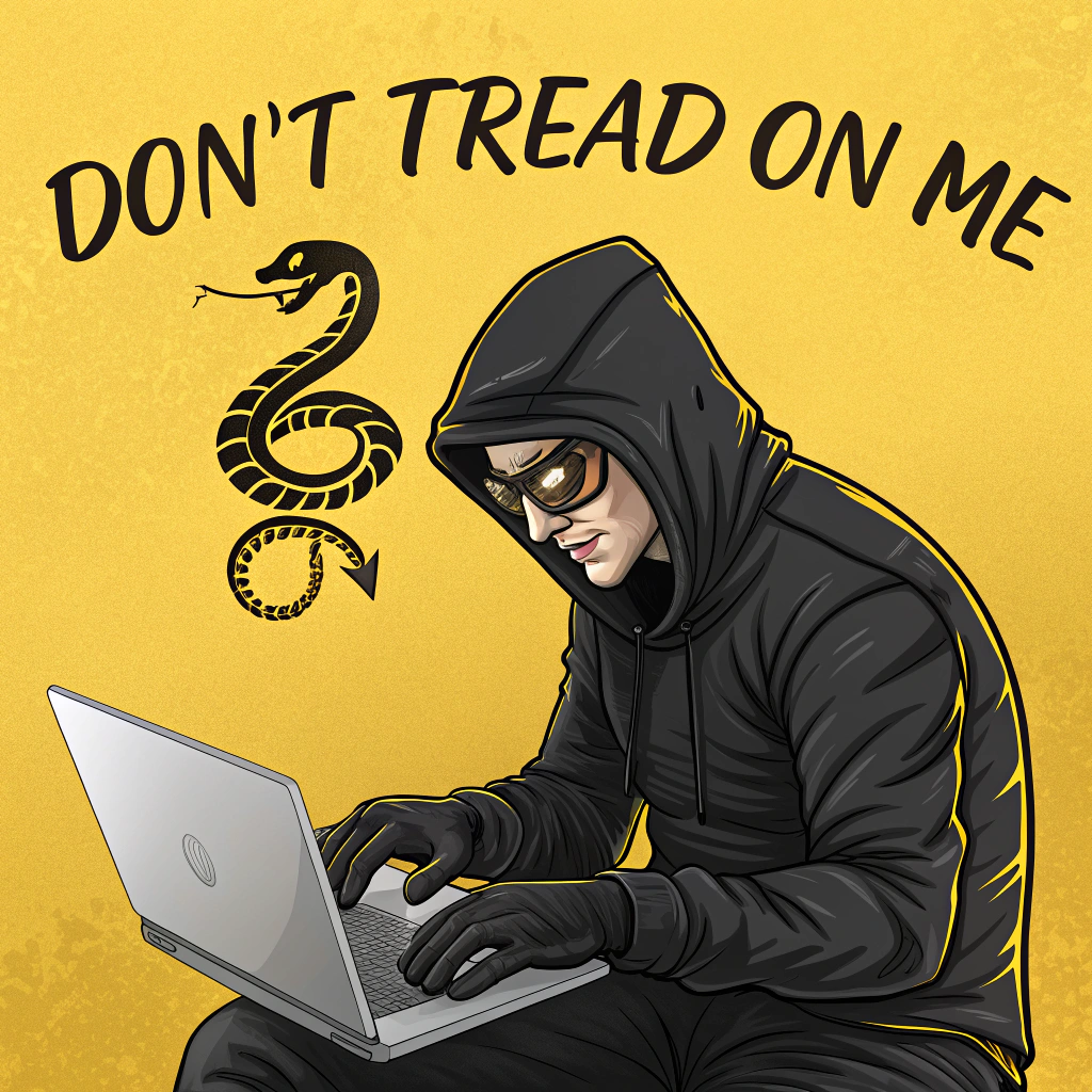 AI generated image by Red Panda AI: A menacing hacker, masked with a black hoodie and gloves, dressed in a sleek black jumpsuit, intensely typing away on a sleek, high-tech laptop, set against a bold, vibrant yellow background featuring the iconic coiled rattlesnake emblem of the Gadsden flag, with the words "Don't Tread on Me" emblazoned in bold, cursive script above, all rendered in a stylized, vibrant cartoon style with exaggerated features and bold lines, evoking a sense of high-stakes digital espionage, with the hacker's masked face illuminated only by the soft glow of the laptop screen, their fingers flying across the keyboard with a sense of urgency and purpose.