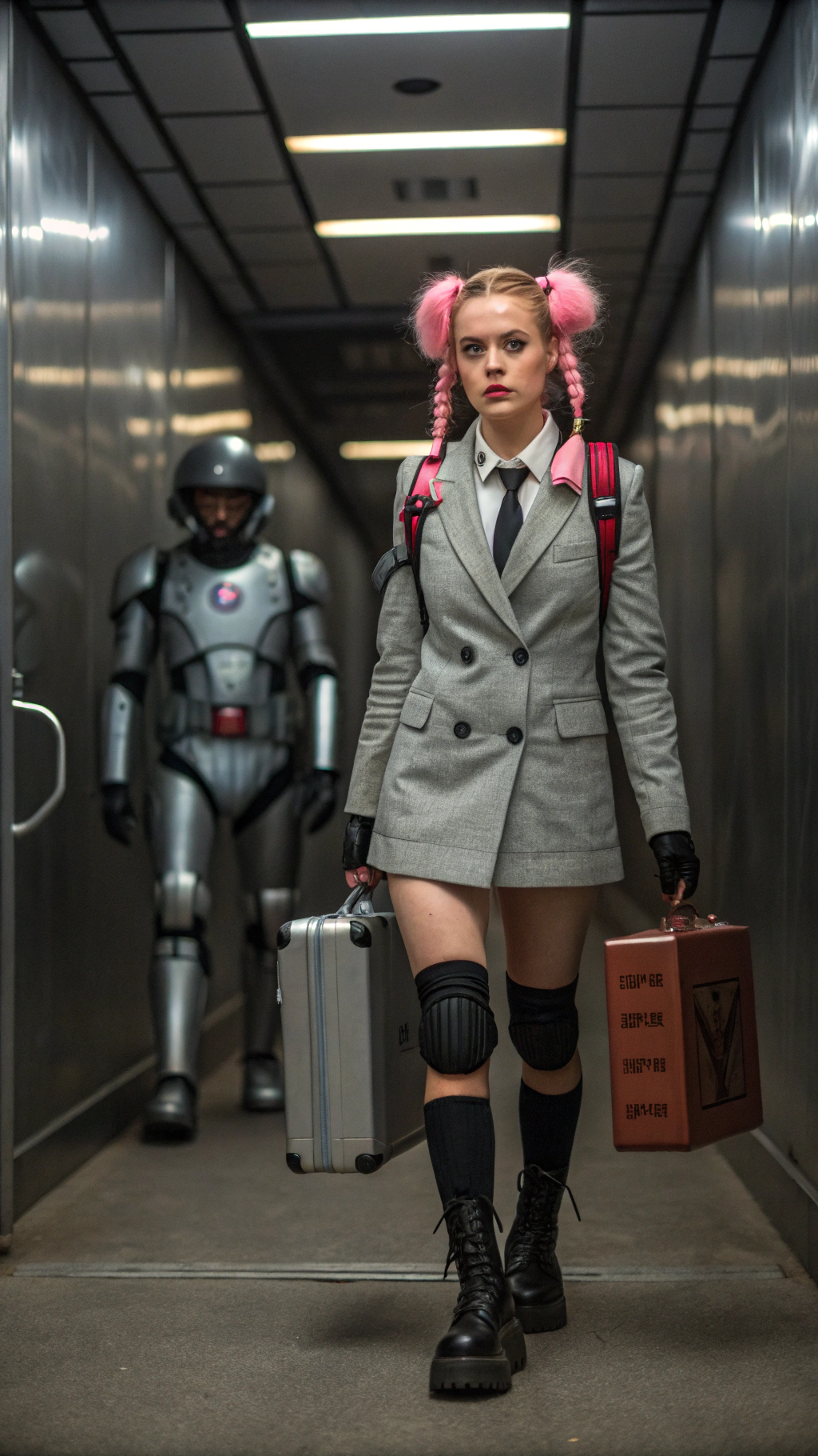 AI generated image by Red Panda AI: A young woman with pink pigtails, wearing a grey suit with shorts, black stockings, boots, a white long-sleeve shirt, and a black tie, is forcibly transported by two robots through a cold, metallic corridor. A small, almost invisible tag with the factory's logo is attached to her back, marking her for a future she can't escape. The lights flicker above, casting eerie shadows on the walls as she is carried through the dark, clinical hallways. Her expression is filled with fear and confusion, as she is being taken to an unknown fate.