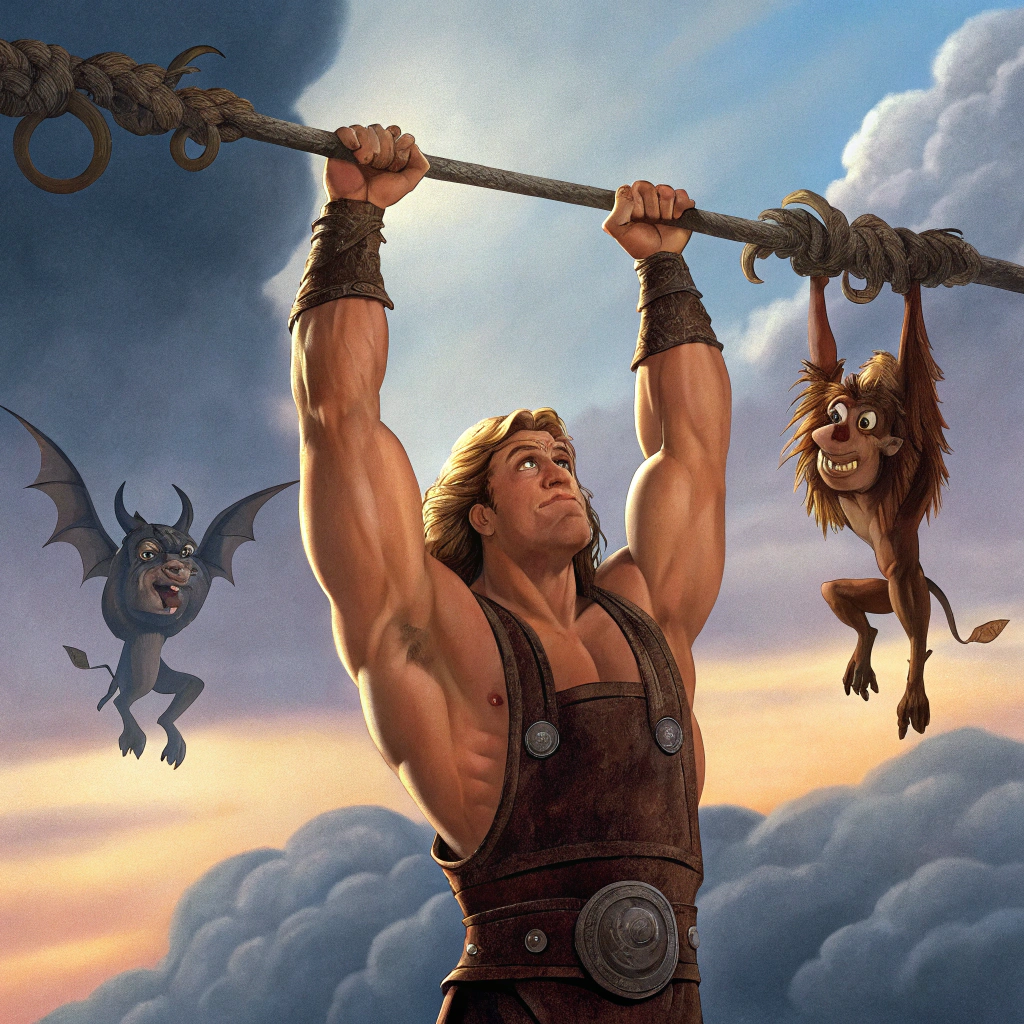 AI generated image by Red Panda AI: creame una imagen de un poster,, en el que hercules (de la pelicula de 1997) sotenga con los brazos alzados dos demonios uno gordo y otro flaco, estos demonios son chicos u el los sotiene colgados de cabeza uno en cada mano,