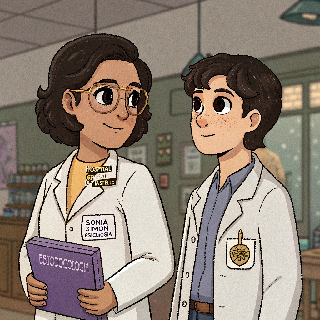 AI generated image by Red Panda AI: Quiero que me dibujes a modo pixart a dos personas que se encuentran en un taller, una mujer de 28 años, morena, pelo oscuro y ojos grandes de color marron oscuro, vestida con una bata blanca que en un costado ponga "hospital general de castelló" y en el otro lado lleve una acreditación que ponga "sonia simón psicología" en las manos quiero que lleve una carpeta lila que ponga "psicooncología". Por otro lado, el varón, de 32 años, moreno, pelo corto, sobre todo por los lados, oscuro, vestido con una bata azul de artista, con una firma parecida a la marca de bolsos "cats" que se encuentre pintando un bolo que es de color negro con lineas doradas asimetricas.