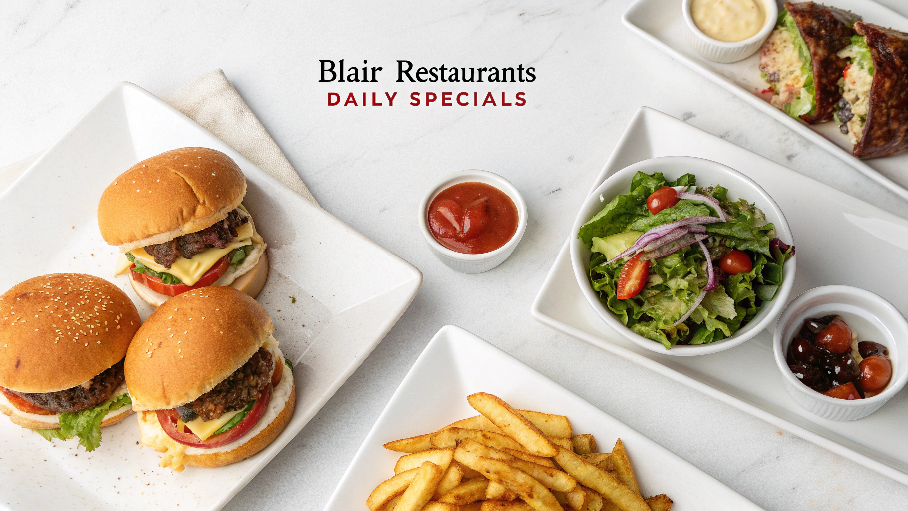 AI generated image by Red Panda AI: menu-inspired header graphic with these features: "Blair Restaurants Daily Specials", burgers and fries. Soda and salad.