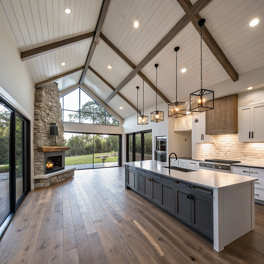 AI generated image by Red Panda AI: Modern Ranch Bungalow
Open-concept living, dining, and kitchen
Vaulted ceiling with exposed beams
Large sliding doors to backyard
Contemporary farmhouse kitchen
Waterfall quartz countertops
Modern fireplace with stone surround
Wide plank oak flooring
Natural light flooding the space
HDR balancing interior and exterior light
Sharp details in both bright and dark areas
Subtle clarity enhancement on textures
Warm/cool balance in white spaces