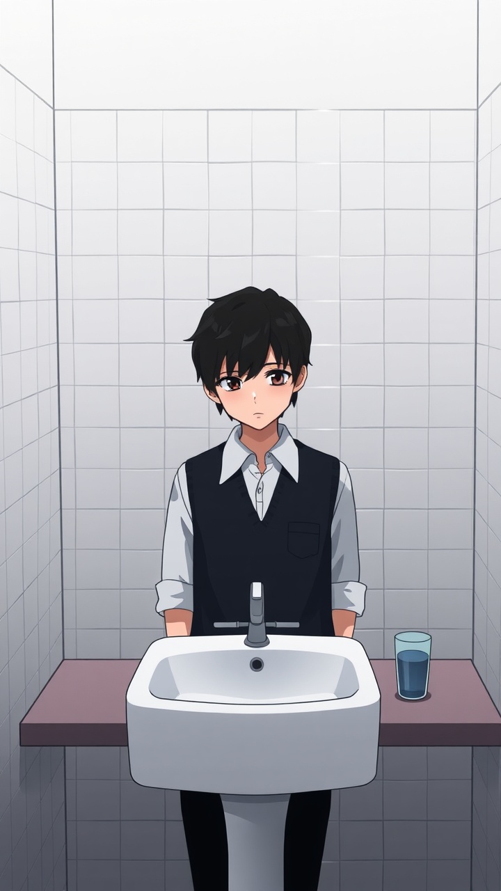 AI generated image by FLUX.1-schnell: Omocat's omori game artstyle, The image depicts a young person standing behind a bathroom sink facing the viewer, their expression somber. Their dark hair is neatly styled, and they are dressed in a white shirt with a dark vest. The tiled walls behind them are plain and featureless, creating a sense of isolation. The sink faces the subject. The only other elements in the scene are a toothbrush and a glass on the counter, suggesting a routine that the individual may find difficult to engage in. The overall mood of the image is melancholic, hinting at a sense of loneliness or sadness. The subdued colors and minimalist composition further contribute to the somber atmosphere. The image leaves room for interpretation, inviting viewers to consider the inner thoughts and feelings of the subject.