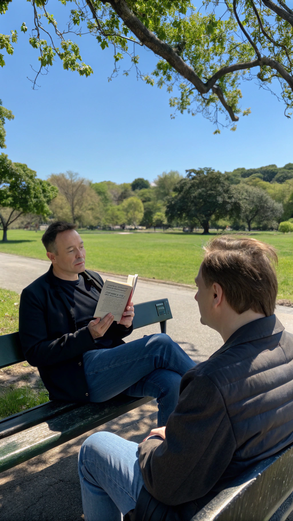 AI generated image by Red Panda AI: An ordinary person is reading a book on a park bench, sitting next to a Elon Mask. They are talking.