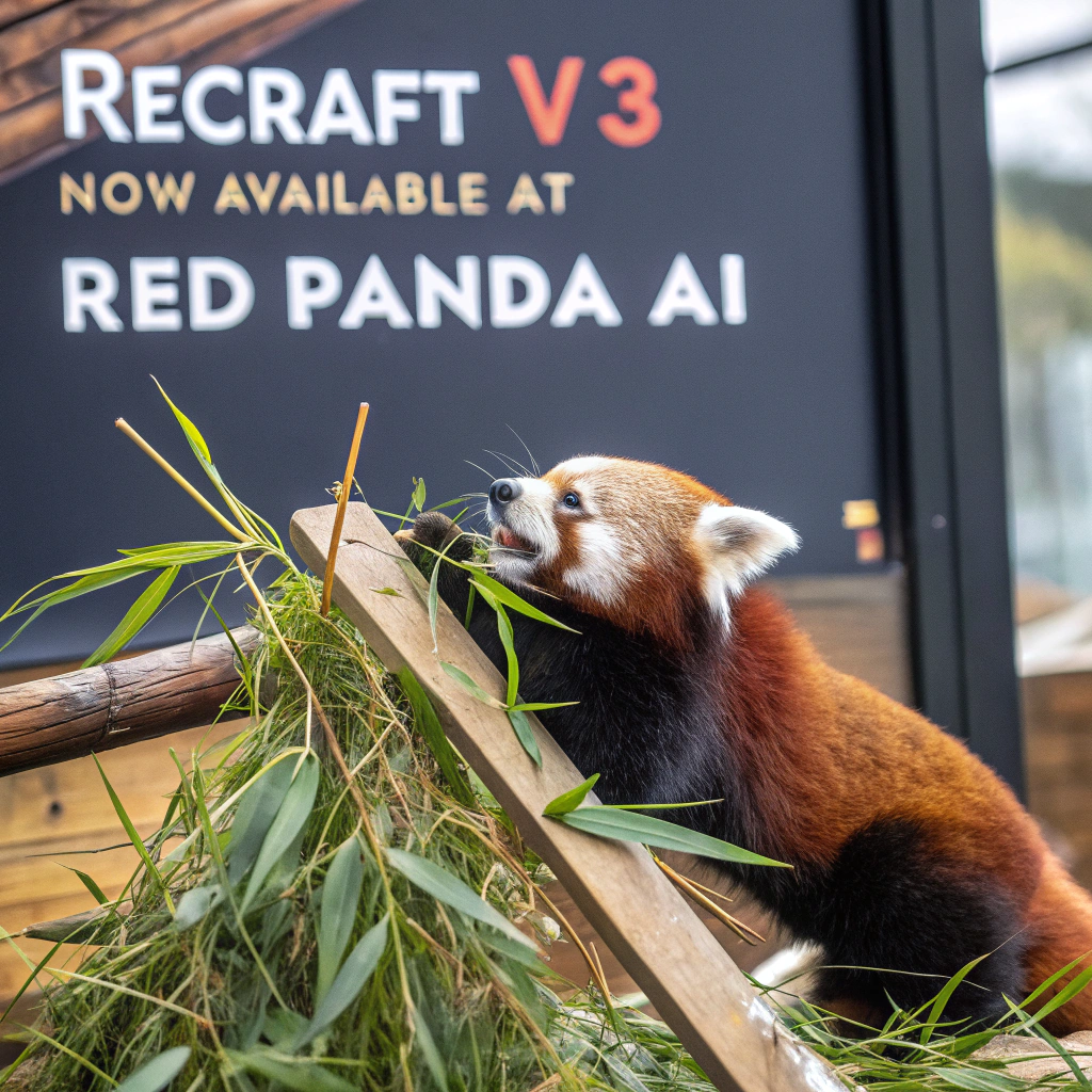AI generated image by Red Panda AI: a red panda eating a bamboo in front of a poster that says "recraft V3 now available at red panda ai