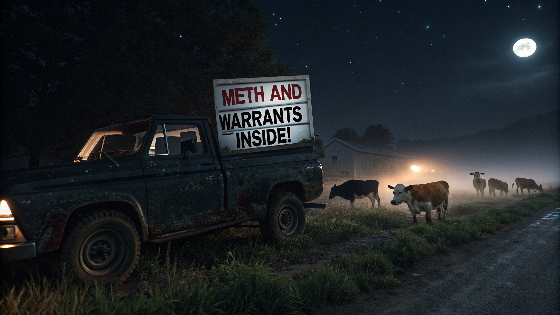 AI generated image by Red Panda AI: nighttime, in the dark, a beat up truck with a sign on the side that says "Meth and Warrants Inside!", surrounded by cows