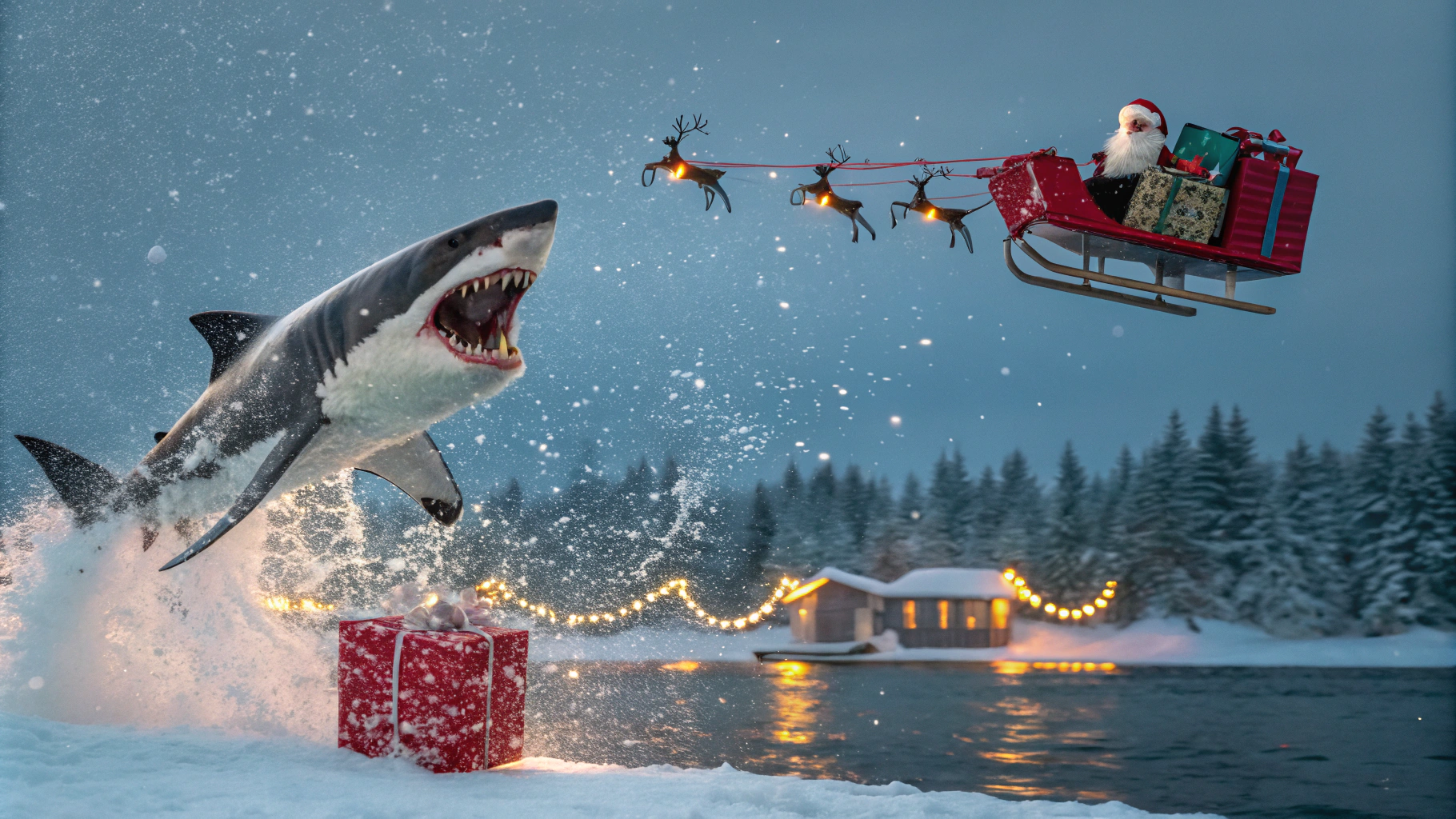 AI generated image by Red Panda AI: image of a shark jumping from the water to eat santa and his sleigh, which is flying overhead to deliver christmas presents. this should be holiday themed. the sleigh is led by Rudolph the red nose reindeer. i need the shark to be boldly jumping with teeth out.