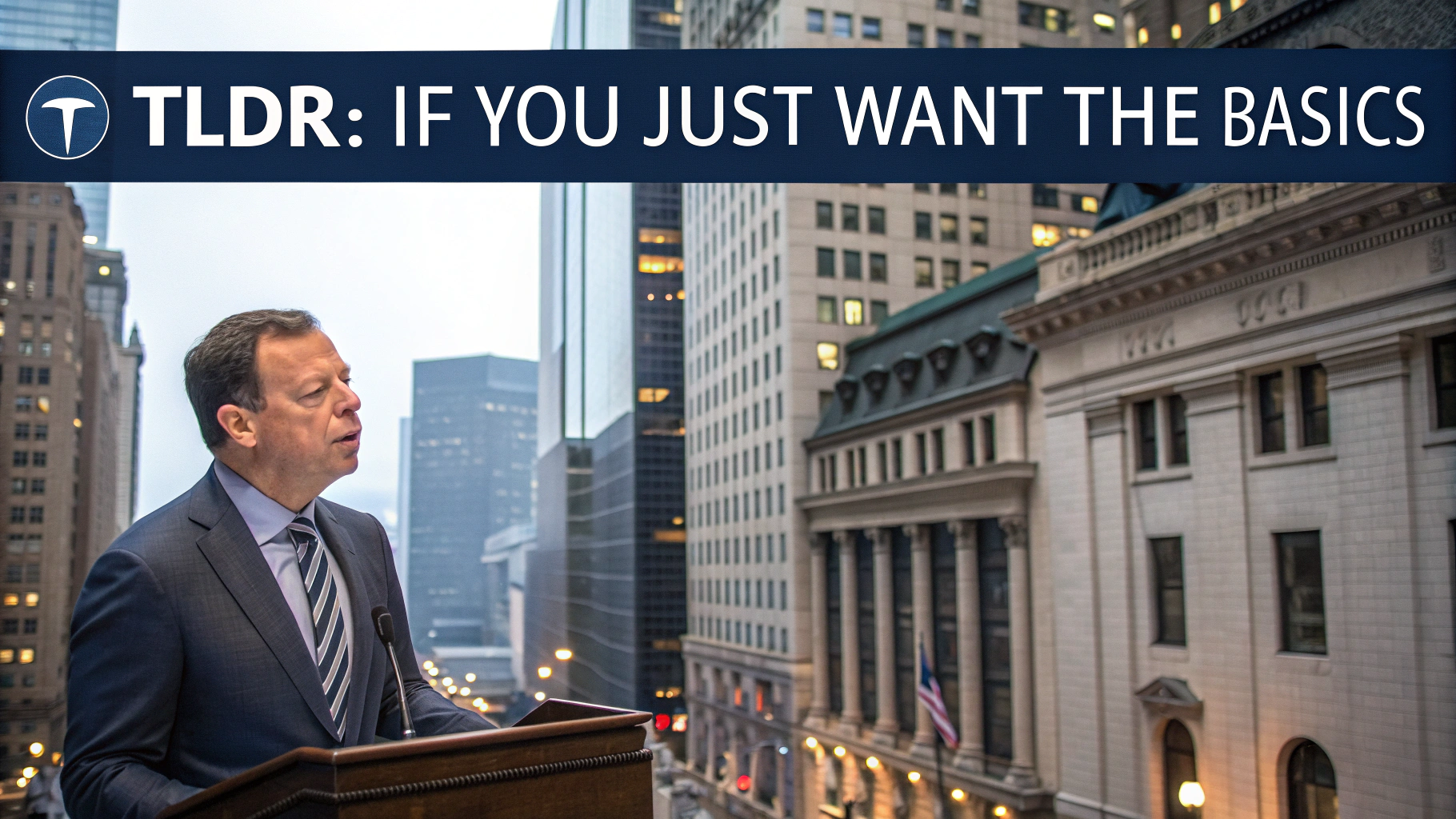 AI generated image by Red Panda AI: Stock market related banner that is 720X90 that says "TLDR: If You Just Want the Basics" or something like that. This will be at the top of a commentary.