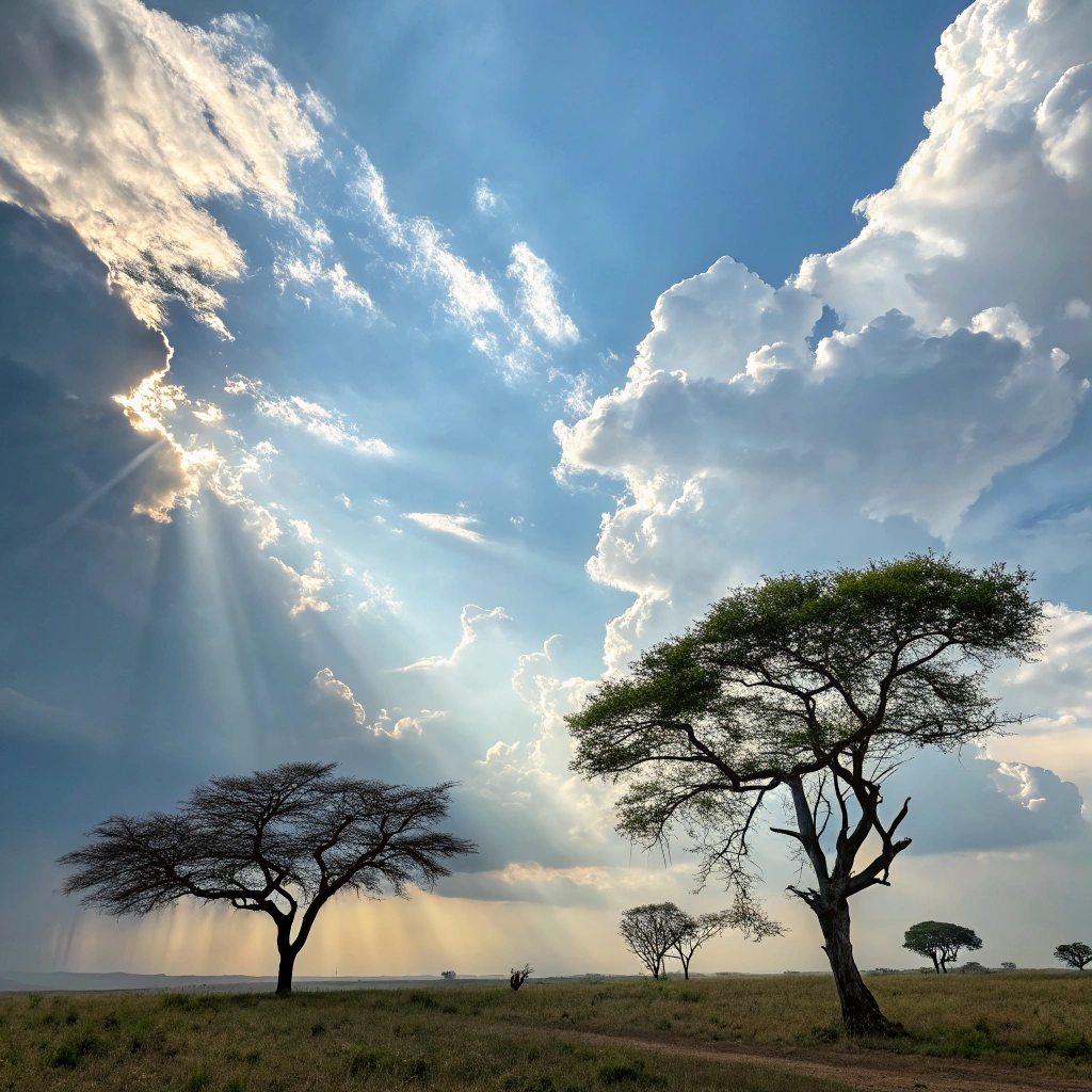 AI generated image by Red Panda AI: puro cielo con nuves y sol con y sin arboles