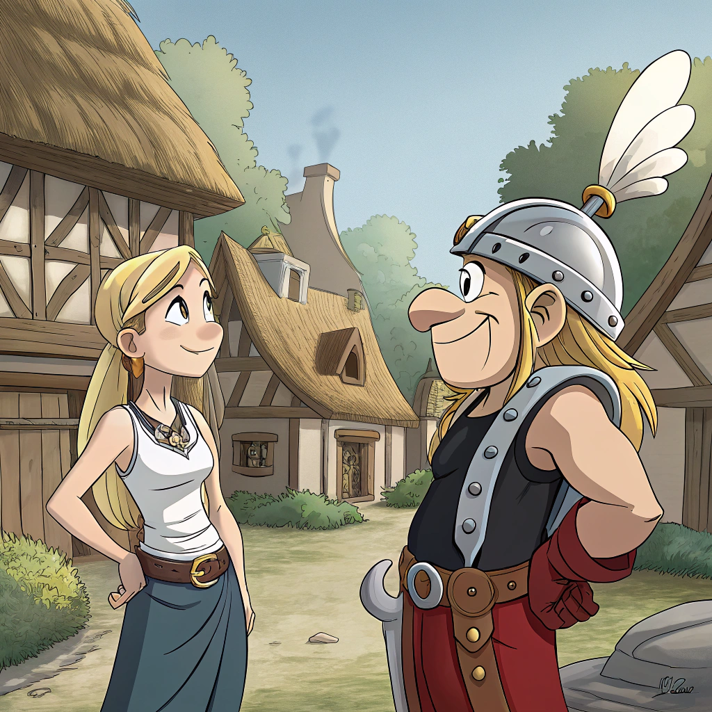 AI generated image by Red Panda AI: Winry Rockbell is talking to Asterix