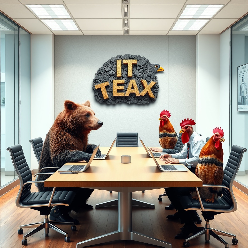 AI generated image by FLUX.1-schnell: Una oficina donde se ve al centro una mesa de reunión con un oso pardo, un camaleón, un puercoespín y un pollo, todos con laptops en la mesa y vestidos con traje formal y corbata. al fondo un cuadro biomecanico con el texto "IT EAX".