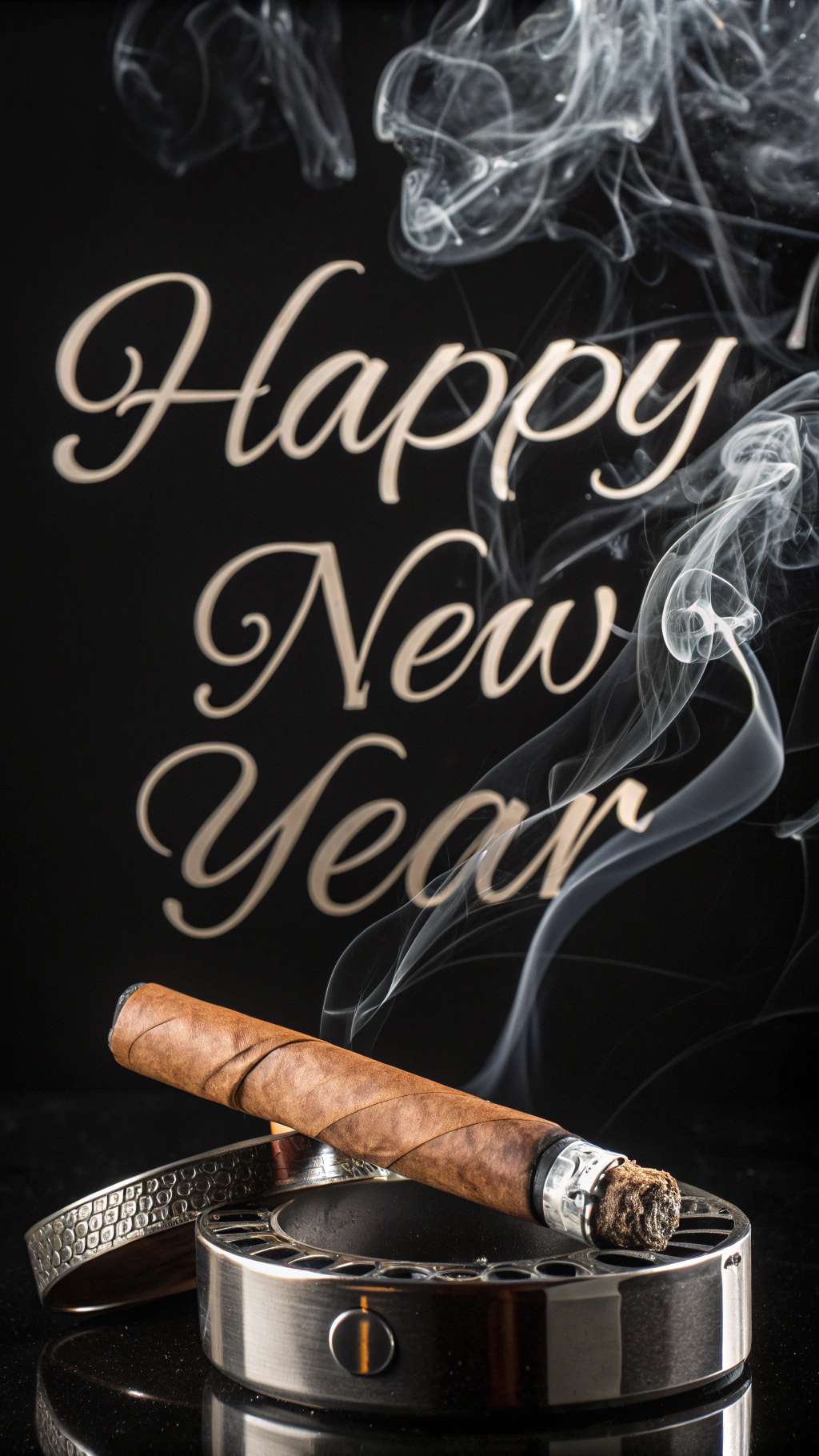 AI generated image by Red Panda AI: Create an elegant and stylish image with a black background. In the foreground, place a lit cigar in a sophisticated holder. The smoke rising from the cigar should form the words 'Happy New Year' artistic feel. The smoke should twist and swirl, with the letters flowing and almost dissolving into the air.