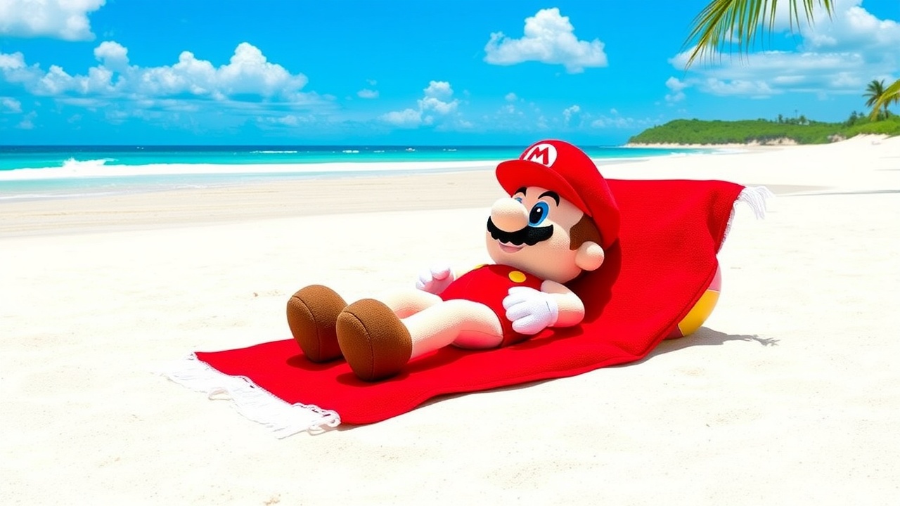AI generated image by FLUX.1-schnell: Mario Plush Beach Red Towel Beach Ball