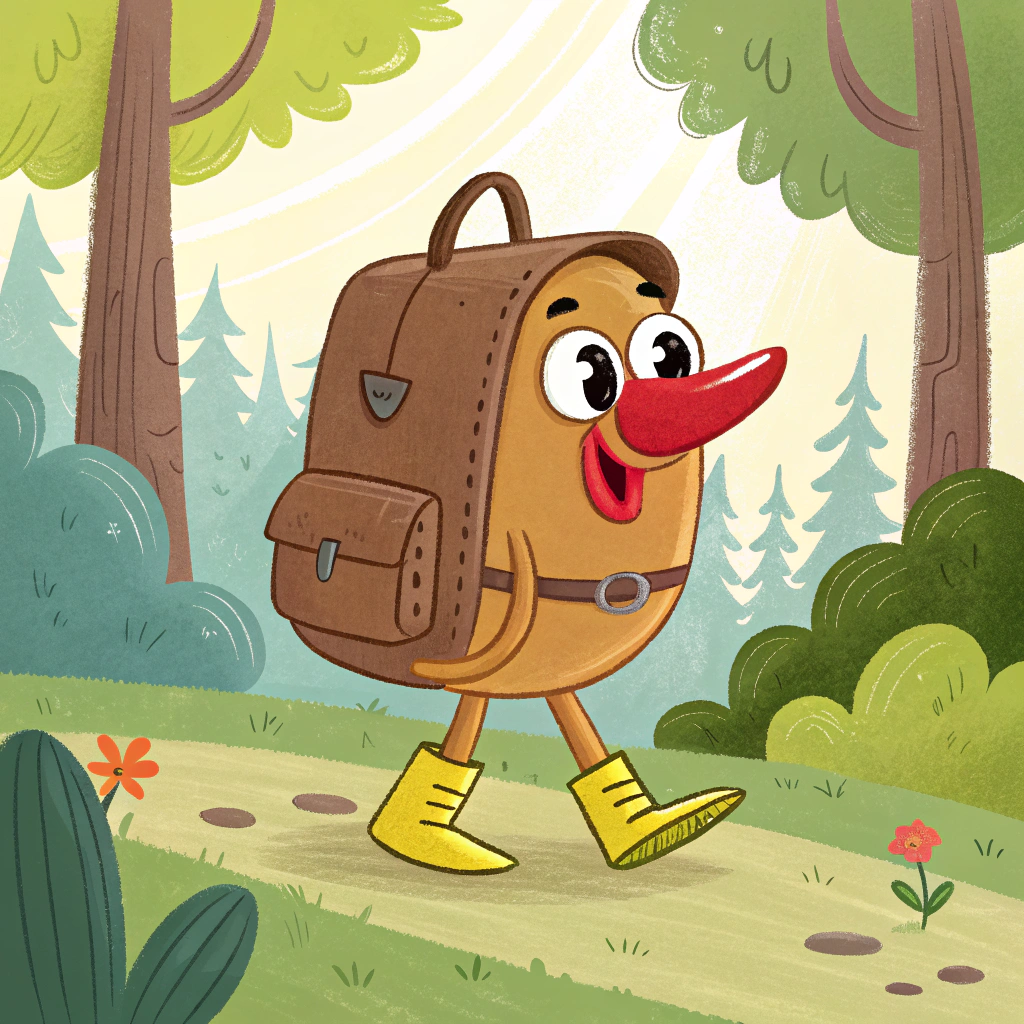 AI generated image by Red Panda AI: Imagina una mochila con una cara marrón amigable y una nariz roja, larga y caída, que se encuentra en un bosque vibrante. Sus grandes pies amarillos le dan un toque divertido, mientras que los árboles verdes y la luz del sol crean un ambiente acogedor y lleno de aventura. La mochila se destaca en el paisaje, con su expresión simpática que invita a la exploración. Los ojos brillantes parecen observar todo a su alrededor, mientras que la nariz roja, que cuelga de manera cómica que tenga lentes de sol puestos