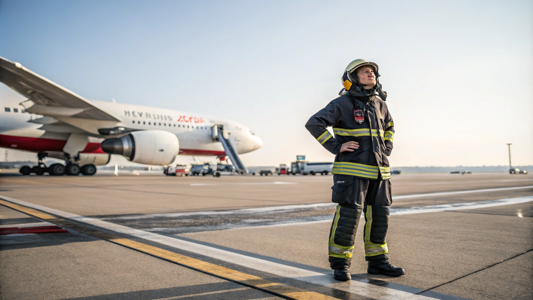 AI generated image by Red Panda AI: An airport firefighter standing confidently on the tarmac of an airport runway, wearing a full firefighter uniform, including a jacket, pants, and boots, but without a helmet. The firefighter is facing the camera with a clear, visible face and a professional, determined expression. In the background, a Boeing 747 airplane is parked on the runway, with its large body and distinctive livery clearly visible. The airplane is positioned slightly to the side, emphasizing the scale of the aircraft next to the firefighter. The runway is well-lit, with clear markings visible on the tarmac