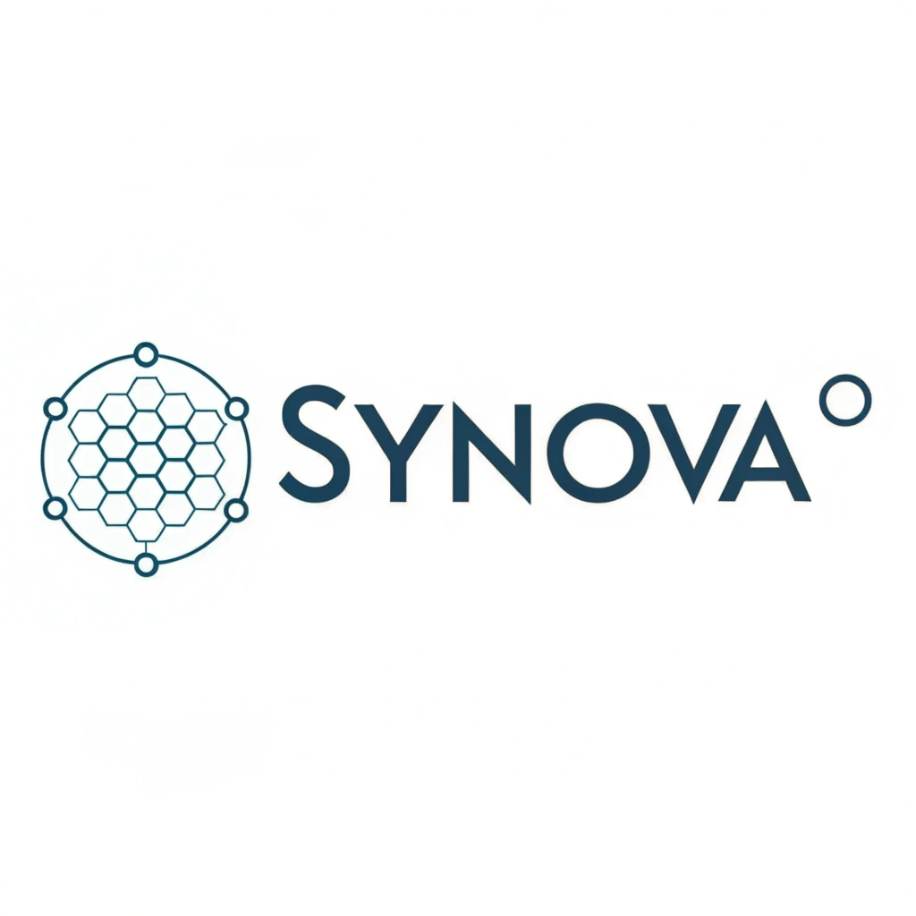AI generated image by Red Panda AI: Minimalist professional logo for "Synova", suitable for medical and personal care industries. Flat icon inspired by peptide bonds or cell structures, circular or hexagonal motif, monochrome or soft blue-gray palette. Include clean English characters Synova in a modern, confident font. Balanced, centered composition.