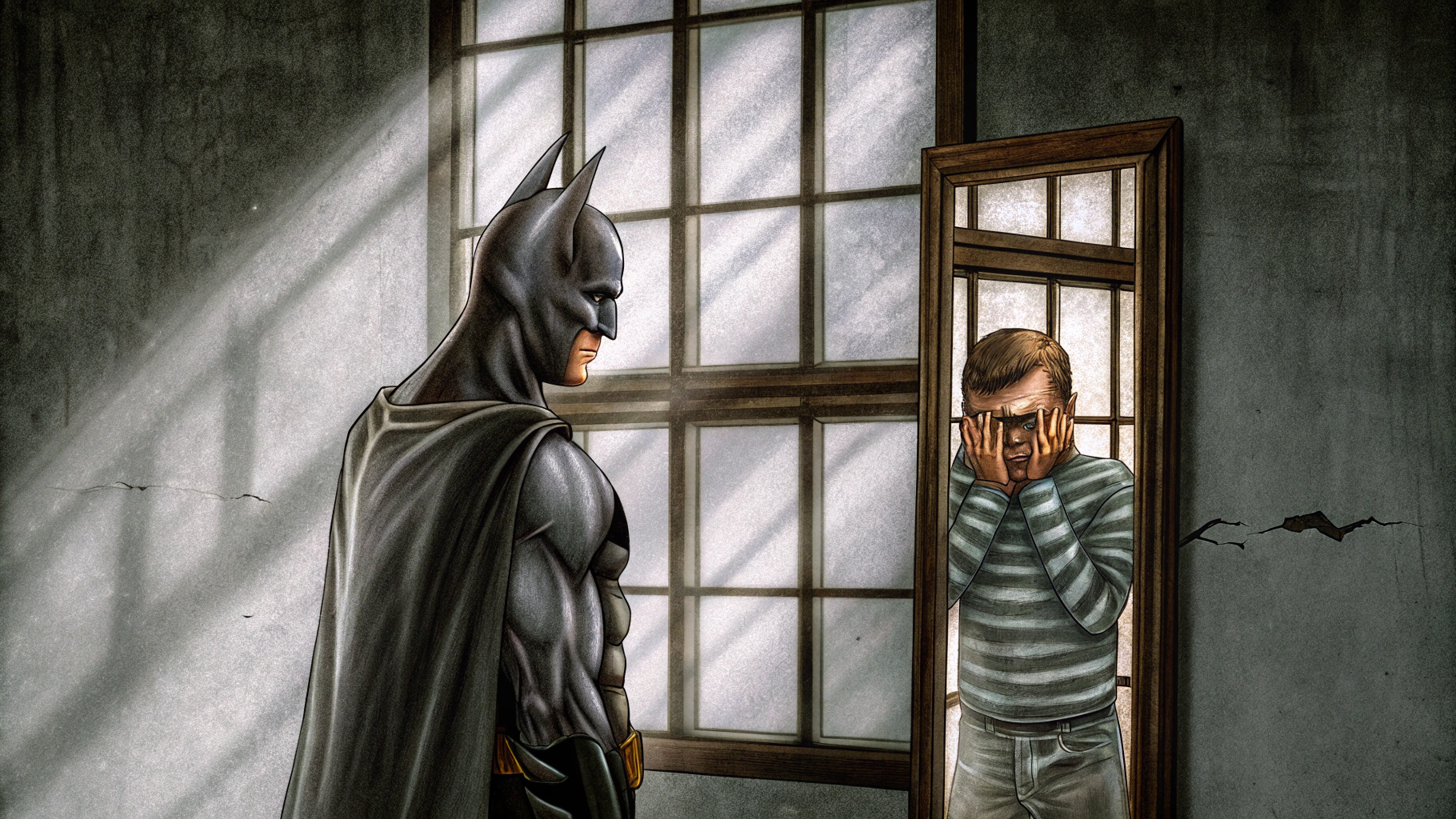 AI generated image by Red Panda AI: batman looking at himself in the mirror but instead See's himself as a traumatized child with darkness and depression around with no justice.