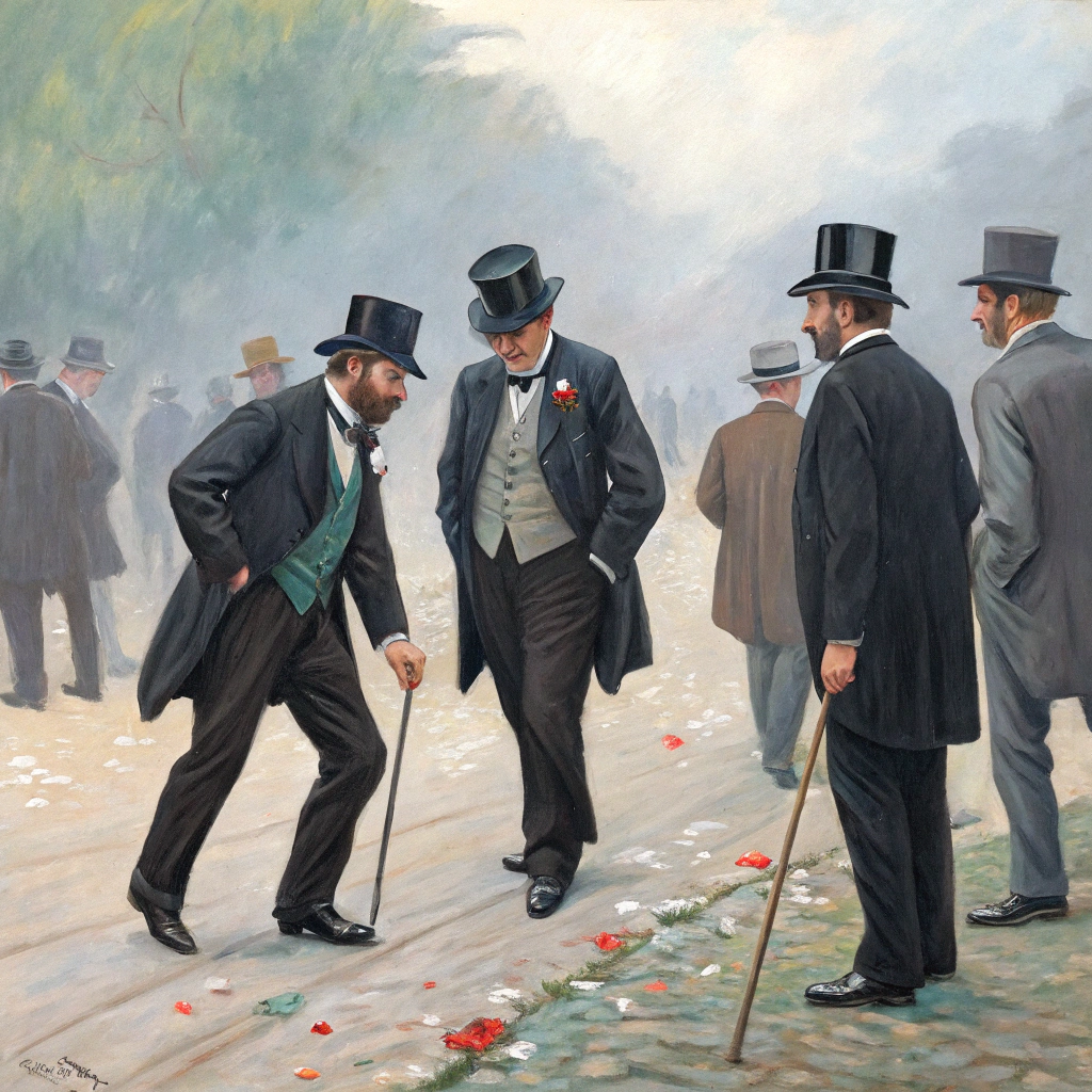 AI generated image by Red Panda AI: Generate an impressionist-style painting depicting a group of elegantly dressed men, inspired by a group chat titled “The Gentlemen’s Mukbang.” The scene features a symbolic explosion or disruption, with items like top hats and canes scattered, capturing both refinement and chaos. The style should balance elegance with abstract disorder, avoiding kitsch and hinting at a violent demise.
