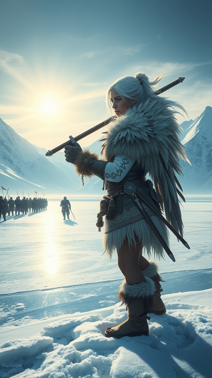 AI generated image by FLUX.1-schnell: Una mujer de complexión robusta con cabello blanco y ojos azul hielo, vistiendo una armadura de cuero acolchado cubierto con piel de oso. Porta una lanza adornada con plumas y runas, y su rostro está marcado con pintura de guerra blanca. Está de pie sobre un lago helado rodeado de montañas cubiertas de nieve, con el sol de invierno reflejándose en el hielo. Su expresión es serena pero mortal mientras vigila a un grupo de enemigos acercándose en la distancia.