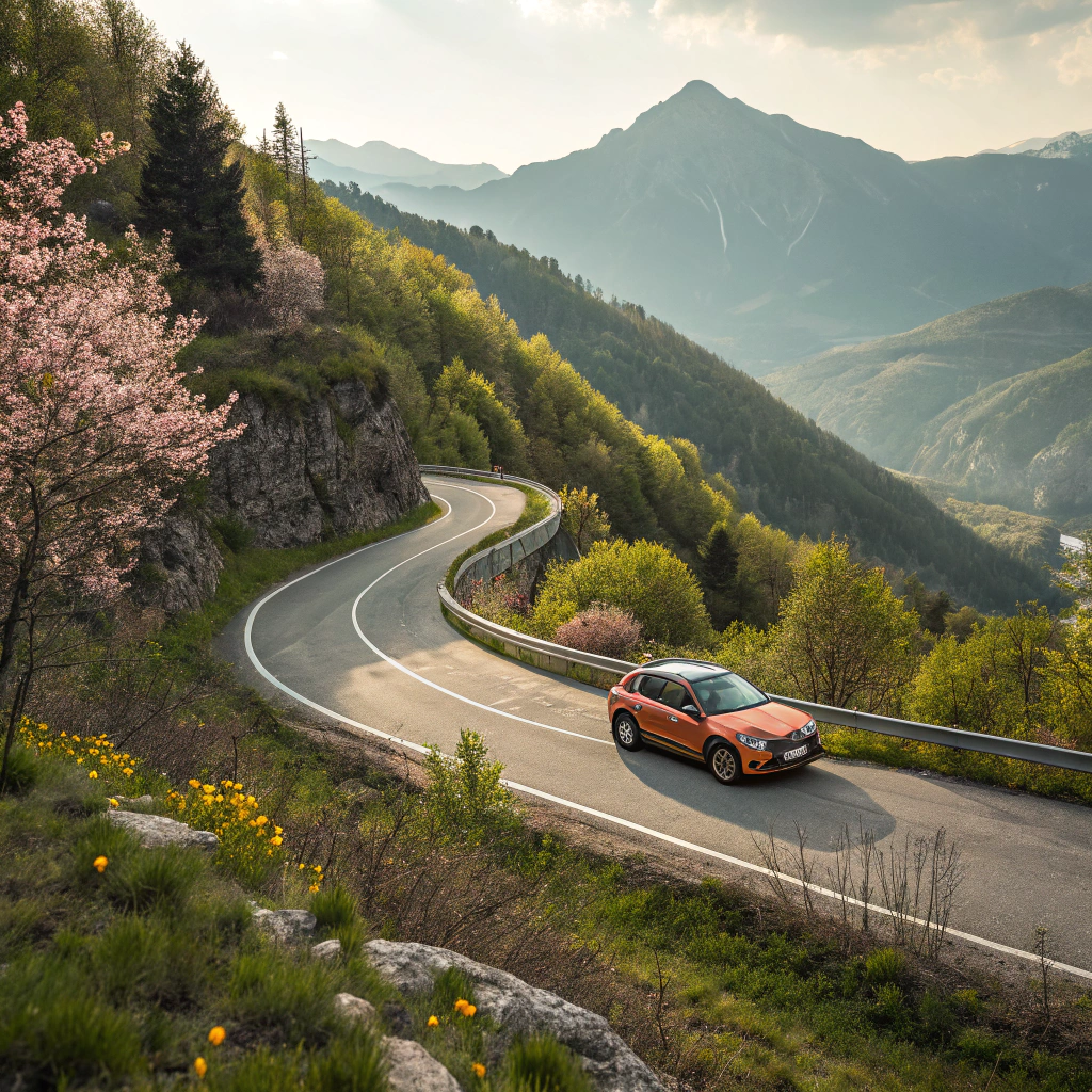 AI generated image by Red Panda AI: Male ein fotorealistisches bild in der maximalen Auflösung. Ein dacia sportwagen fährt auf einer serpentinen strasse in richtubg italien. 3s ist Frühling in den bergen.