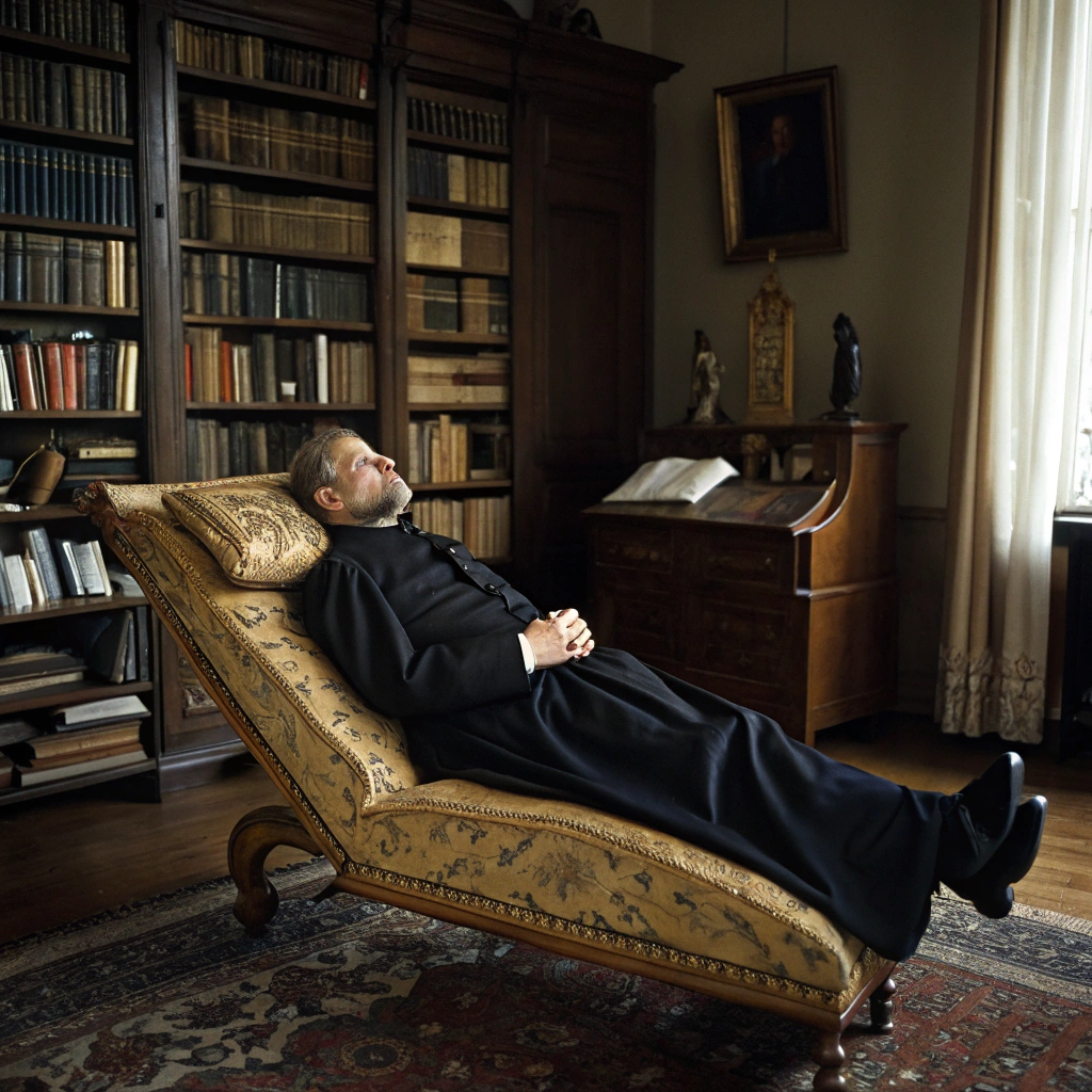 AI generated image by Red Panda AI: Ich brauche einen Priester, der bei Sigmund Freud auf der Chaiselongue liegt.