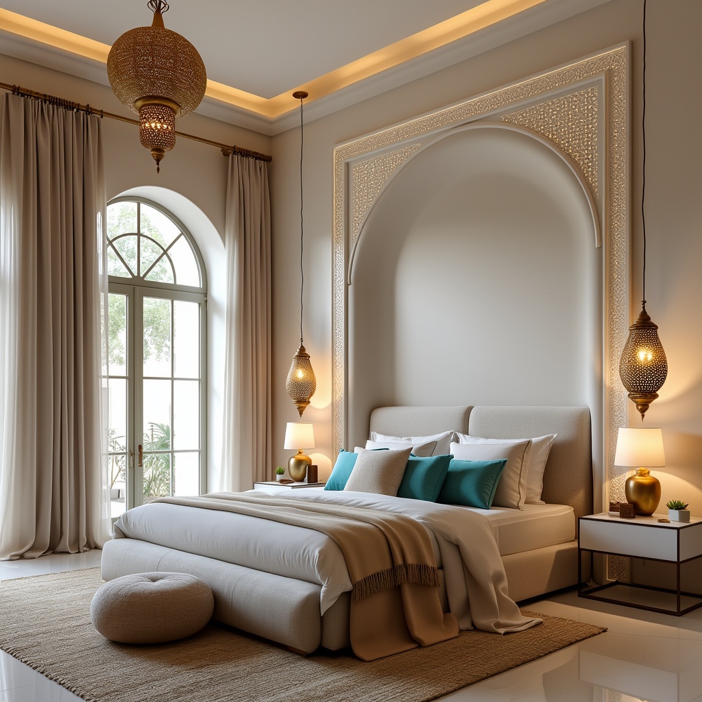 AI generated image by FLUX.1-pro: A serene and luxurious bedroom designed in the Zarqa 2 style, blending traditional Moroccan influences with modern elegance. The space features smooth, arched niches and intricate geometric patterns subtly carved into the walls, accentuated with a soft, off-white plaster finish. A low-profile, upholstered bed with a plush headboard sits at the center, complemented by minimalistic side tables with brass accents. Large windows dressed with light, flowing curtains allow natural light to fill the room, highlighting a blend of handwoven rugs and polished floors. Ambient lighting comes from elegant pendant lanterns with perforated metal designs, creating a warm, intricate glow. The color palette balances neutral tones with touches of turquoise and muted gold for a refined yet inviting atmosphere