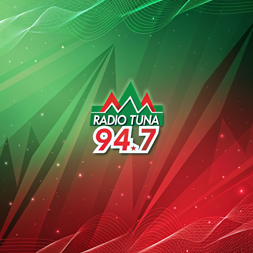 AI generated image by Red Panda AI: Vibrante y dinámico: "Crear un fondo de pantalla vibrante y dinámico para Radio Tuna 94.7. Combinar degradados de verde y rojo con formas geométricas abstractas que evoquen energía y movimiento. Agregar el logo de la radio de forma destacada."