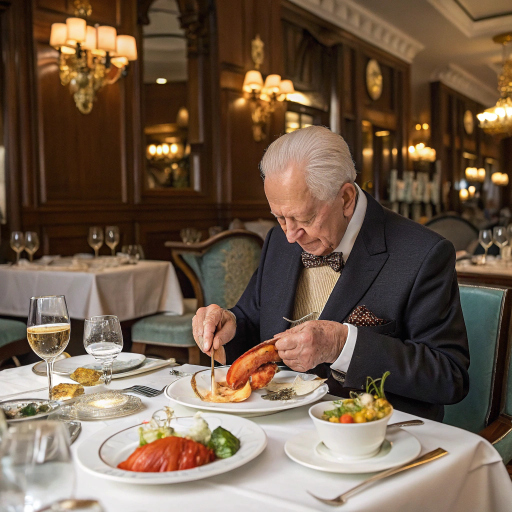 AI generated image by Recraft V3: an elderly man dressed in an expensive suit eats lobster at a beautiful table full of delicious dishes in a chic restaurant in Moscow.