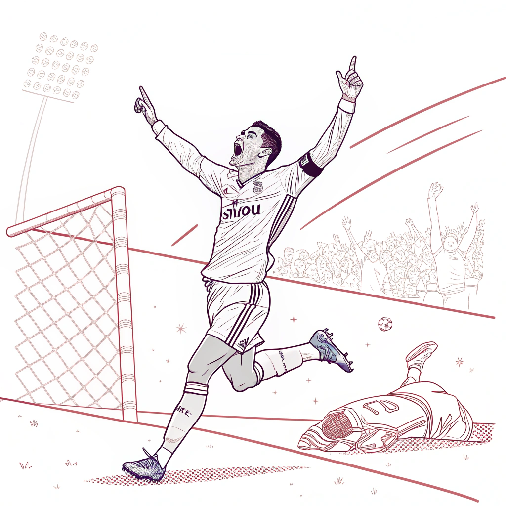 AI generated image by Red Panda AI: Line art illustration of a soccer player celebrating a goal by performing the iconic 'Siuuu' celebration. The player is depicted mid-celebration, with their arms stretched outward and slightly raised, their chest pushed forward, and their legs apart in a dynamic stance, leaning back slightly to emphasize the iconic pose. The setting should clearly show a soccer field, with minimalistic details like a defeated goalkeeper lying on the ground near the goal in the background, adding context to the scene. The player should resemble Cristiano Ronaldo in physique and stance but must not include any text or explicit identifiers like the player's name. The design must use clean and simple lines, without shadows or complex fills, using only one color, red. The style should be modern and minimalist, following the principles of line art, avoiding a doodle-like approach. The composition should capture the energy, confidence, and intensity of the celebration.