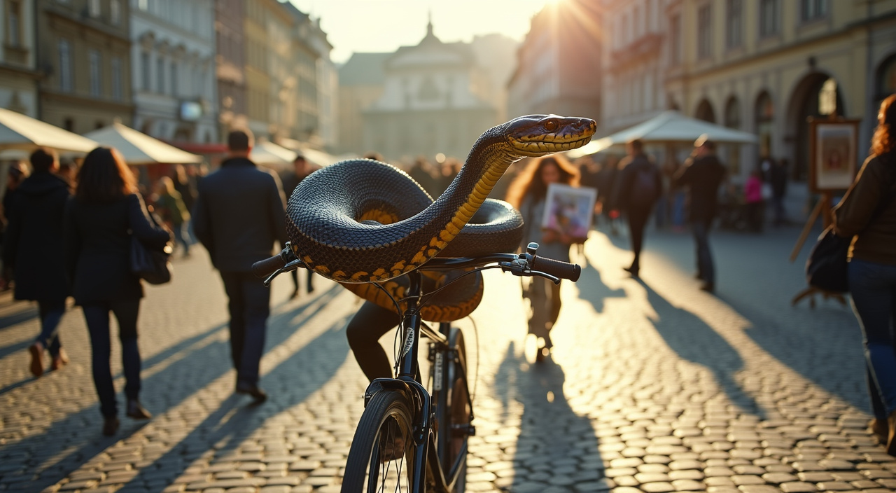 AI generated image by FLUX.1-pro: A close-up photograph of a python pedaling energetically on a bicycle, old town Square in Prague. Tourists surrounding, some taking photos, others walking. Musicians playing on the side, a painter capturing the scene on a canvas. Morning light, soft shadows, rich textures of the cobblestones, Vltava river visible in the background, subtle lens flare. Photorealistic, Canon EOS R5, 85mm lens, f/1.4, vibrant colors, natural focus, cinematic atmosphere
