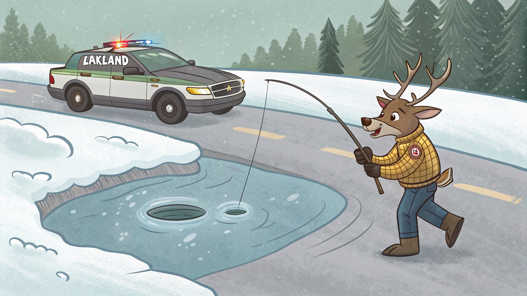 AI generated image by Red Panda AI: a deer is Ice fishing at "Lakeland", sheriff patrol races past on the highway chasing a drunk driver, cartoon style