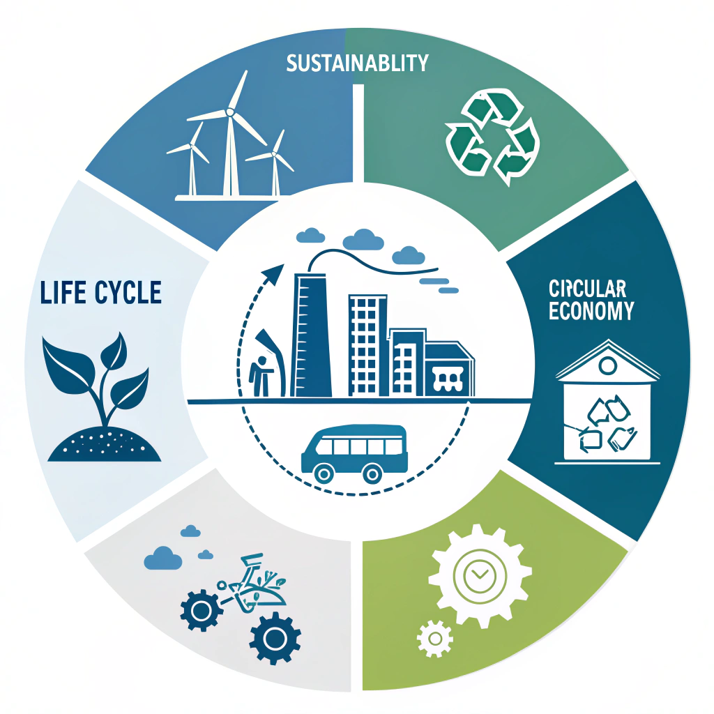 AI generated image by Red Panda AI: Create a detailed and professional visualization for a book cover or educational infographic on Life Cycle Analysis (LCA). The design should incorporate key stages of an LCA, including raw material extraction, manufacturing, transportation, use phase, and end-of-life processes. Show a circular flow that represents sustainability, recycling, and energy conservation. Include visual elements like renewable energy icons, factory silhouettes, transportation networks, and recycling symbols. Use a clean and modern design with a blue and green color palette to emphasize environmental responsibility and sustainability. The illustration should appeal to academics, sustainability professionals, and students. Text elements should be minimal, highlighting terms like 'Sustainability,' 'Life Cycle,' and 'Circular Economy.' Make it professional and visually engaging