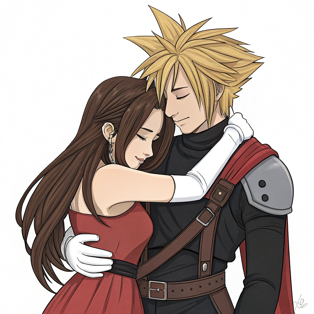 AI generated image by Red Panda AI: Tifa hugging Cloud